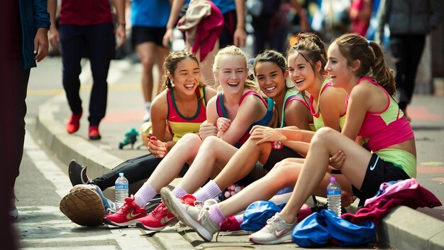 Laughing girls in sportswear sitting on street