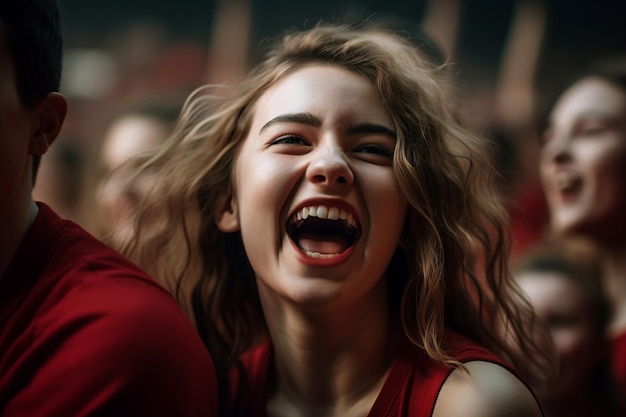 Laughing group of athletic girls in red uniform Happy sport women celebrating winner success Generate ai