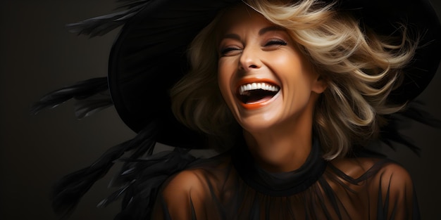 Смеющаяся счастливая взрослая женщина в костюме ведьмы на Хэллоуин на оранжевом баннере с пробелом