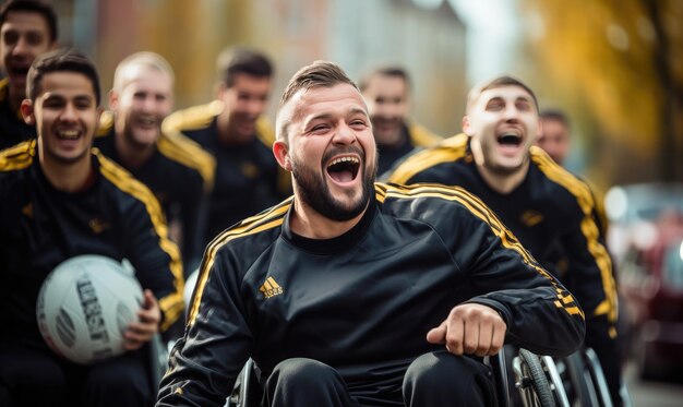 Laughing men with a physical disability in a wheelchair playing sports