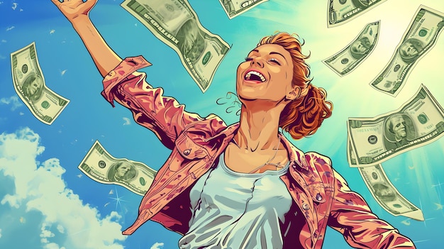 Photo laughing prosperity woman celebrating financial success with money shower dreams materialized wom