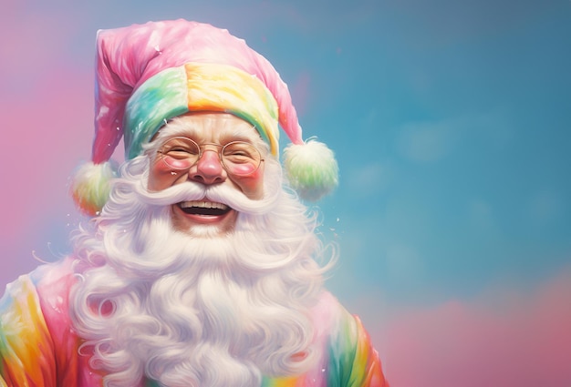 laughing rainbow Santa Claus in colorful costume Christmas Clean empty pastel background