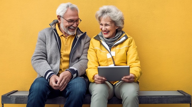 Photo laughing senior couple using a tablet computer while seated on a bench old people with modern technology the generative ai