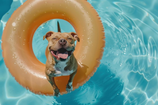 laughing smiling exited dog in swimming pool floating on swimming ring top view