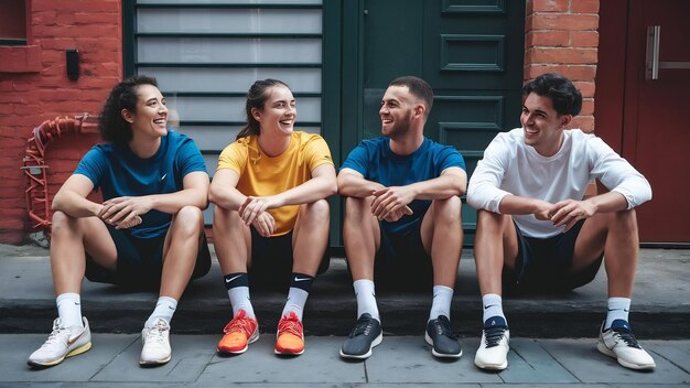 Photo laughing sportspeople chilling on street