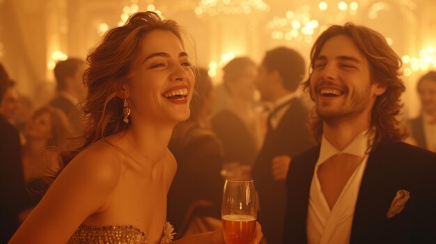 Laughing woman in a golden dress at a party with a man in a tuxedo