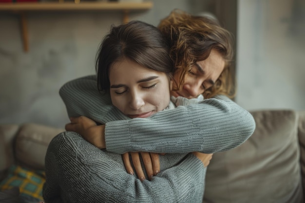 Foto infermiera o assistente medica che ride abbraccia un paziente anziano sul divano a casa per ottenere sostegno, fiducia o amore