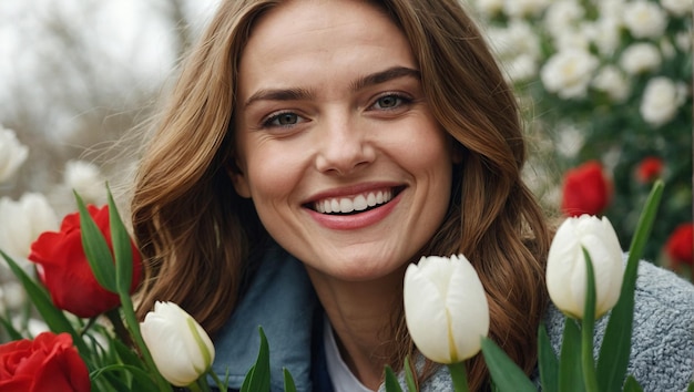 Laughing woman and tulips joyful emotions