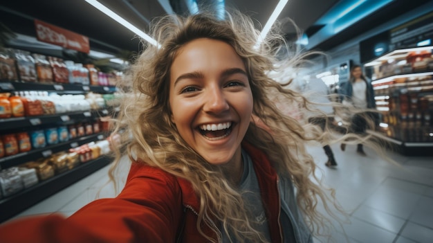 Laughing woman with long blond hair in a grocery store