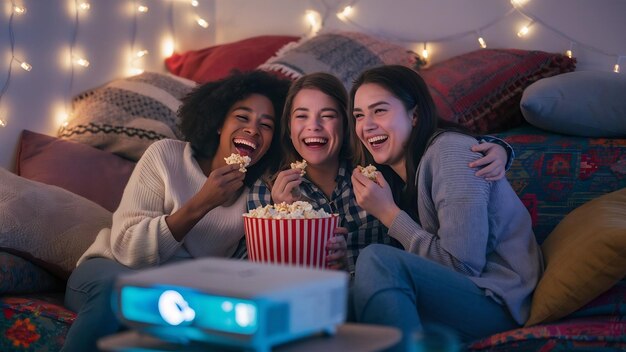 Laughing women friends eating popcorn watch film