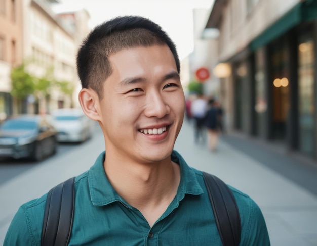 写真 路上で笑う若いアジア人男性