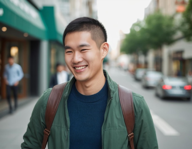 Photo laughing young asian guy on the street