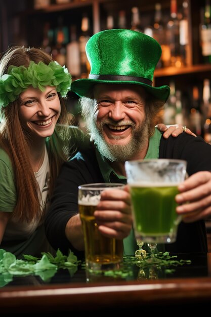 Foto ridere giovani amici nel giorno di san patrizio insieme e tenere bicchieri di birra al tavolo del pub