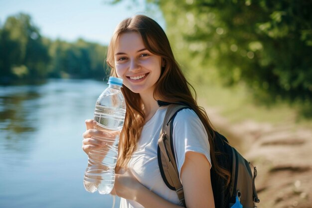 사진 공원 의 배경 에 손 에 물 한 병 을 들고 웃는 어린 소녀