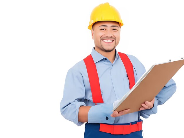 Laughing young man builder uniform holding clipboard isolated white background