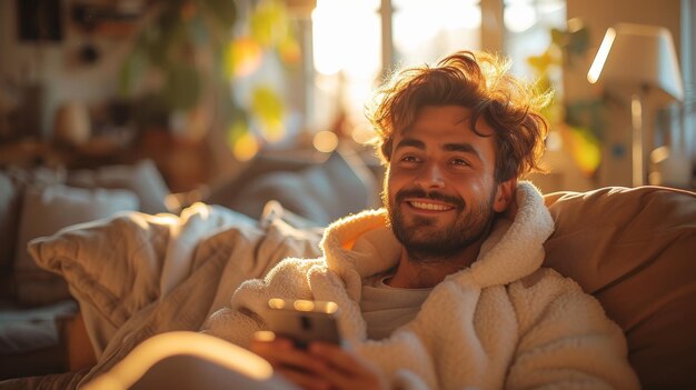 Photo laughing young middle eastern man using cell phone and playing game on smartphone while lying on sofa at home happy man holds smartphone for playing game and networking online during weekend