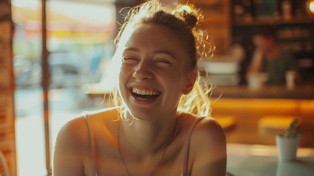 Photo laughing young woman in a cafe generative ai