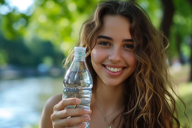 Foto una giovane donna che ride beve acqua da una bottiglia sullo sfondo di un parco e di un fiume