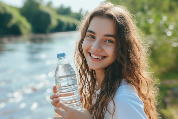 Laughing young woman holding a bottle of water in her hand against the background of the river