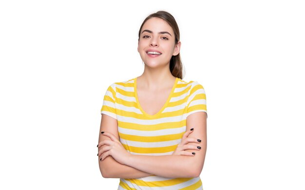 Laughing young woman in summer striped tshirt isolated on white