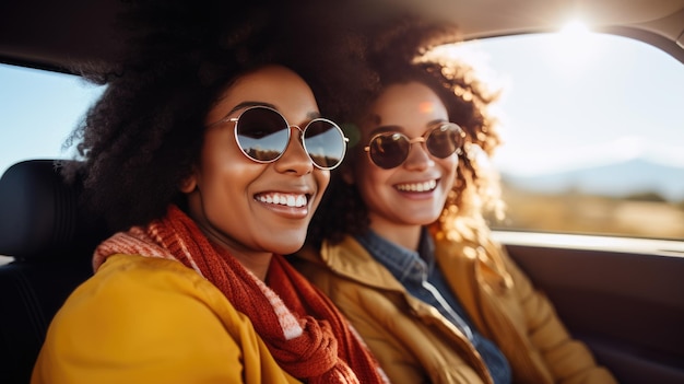 Laughing young woman wearing sunglasses driving a car with her girl friend Created with Generative AI technology