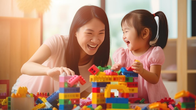 아시아인 엄마와 딸이 함께 웃음과 창의력을 공유하며 놀이를 통해 밝은 미래를 건설합니다.