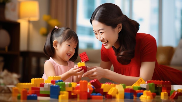 laughter and creativity as an Asian mother and daughter share quality time constructing a bright future through play