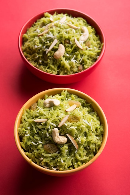 Lauki or Doodhi ka Halwa is Indian popular sweet dish made up of bottle gourd and garnished with dry fruits, consumed hot.