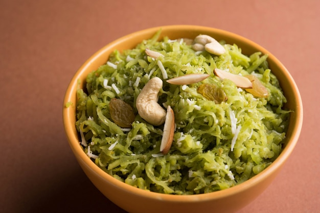 Lauki or Doodhi ka Halwa is Indian popular sweet dish made up of bottle gourd and garnished with dry fruits, consumed hot.