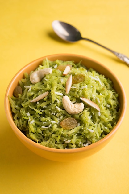 Lauki or Doodhi ka Halwa is Indian popular sweet dish made up of bottle gourd and garnished with dry fruits, consumed hot.