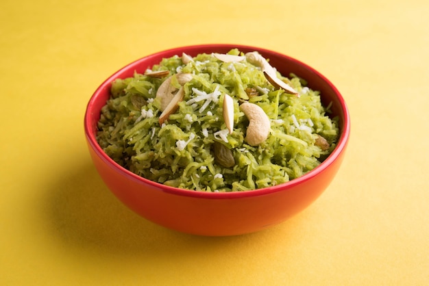 Lauki or Doodhi ka Halwa is Indian popular sweet dish made up of bottle gourd and garnished with dry fruits, consumed hot.