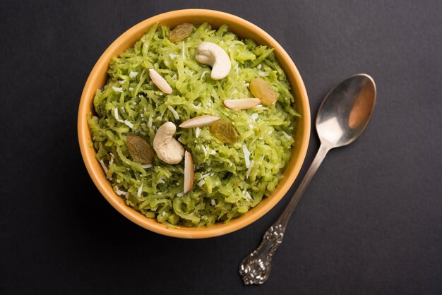 Lauki or Doodhi ka Halwa is Indian popular sweet dish made up of bottle gourd and garnished with dry fruits, consumed hot.