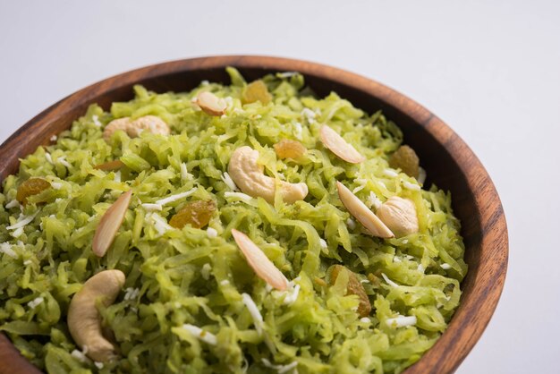 Lauki or Doodhi ka Halwa is Indian popular sweet dish made up of bottle gourd and garnished with dry fruits, consumed hot.