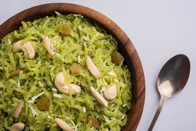 Lauki or Doodhi ka Halwa is Indian popular sweet dish made up of bottle gourd and garnished with dry fruits, consumed hot.