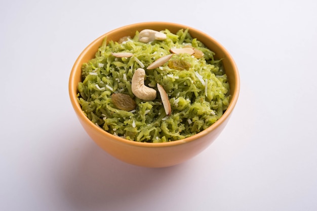 Lauki or Doodhi ka Halwa is Indian popular sweet dish made up of bottle gourd and garnished with dry fruits, consumed hot.