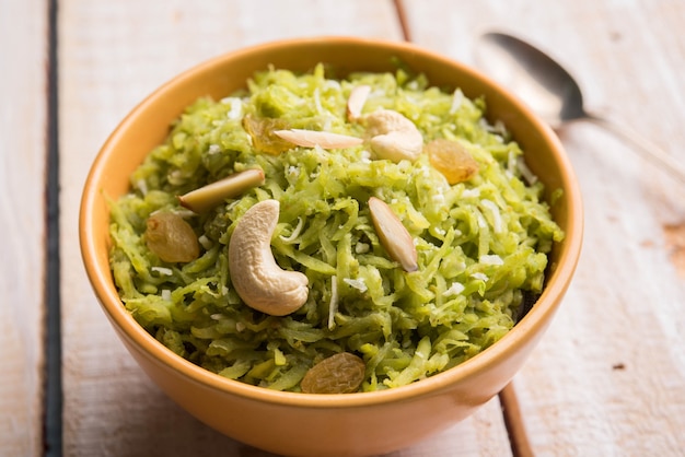 Lauki or Doodhi ka Halwa is Indian popular sweet dish made up of bottle gourd and garnished with dry fruits, consumed hot.