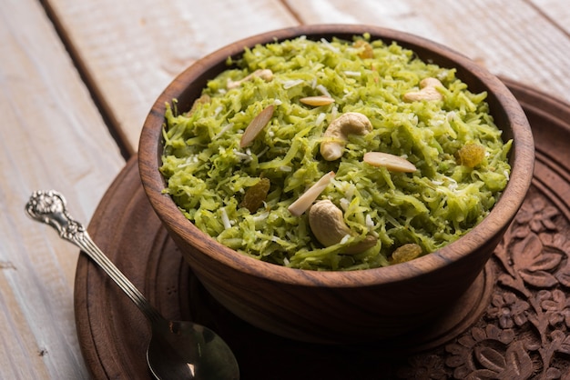 Lauki or Doodhi ka Halwa is Indian popular sweet dish made up of bottle gourd and garnished with dry fruits, consumed hot.