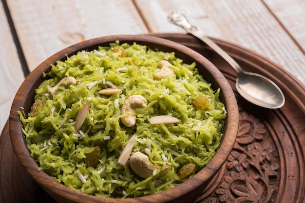 Lauki or Doodhi ka Halwa is Indian popular sweet dish made up of bottle gourd and garnished with dry fruits, consumed hot.