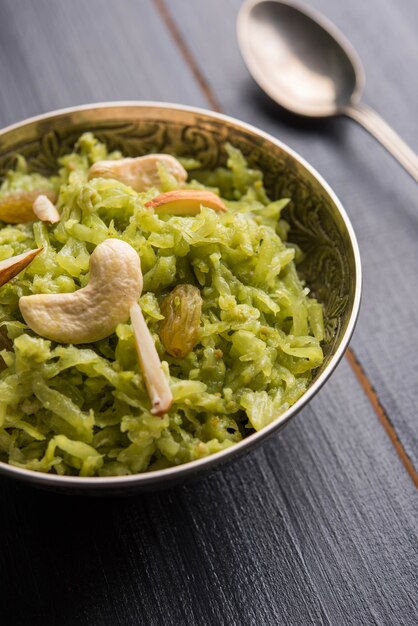 Lauki or Doodhi ka Halwa is Indian popular sweet dish made up of bottle gourd and garnished with dry fruits, consumed hot.