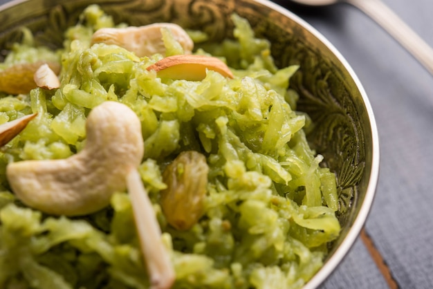 Lauki or Doodhi ka Halwa is Indian popular sweet dish made up of bottle gourd and garnished with dry fruits, consumed hot.