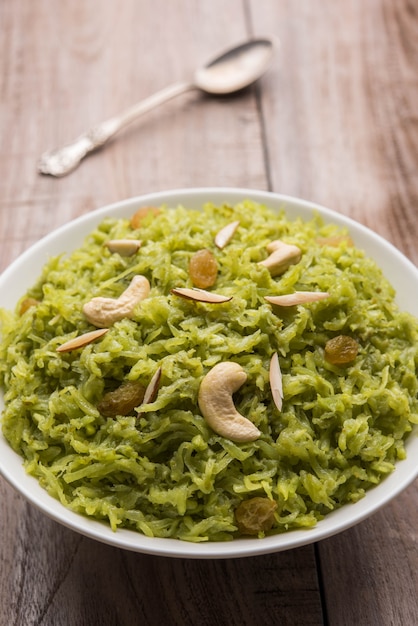 Lauki or Doodhi ka Halwa is Indian popular sweet dish made up of bottle gourd and garnished with dry fruits, consumed hot.