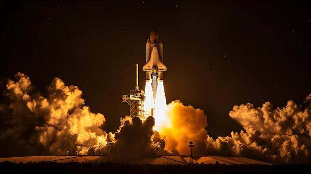 launch of spacespaceship takes off into the night skyrocket starts into space concept
