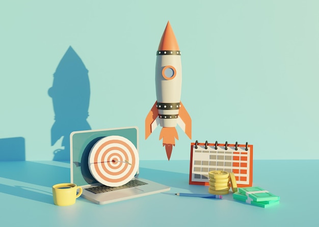 launch startup business concept with 3d render or rendered view result flat style