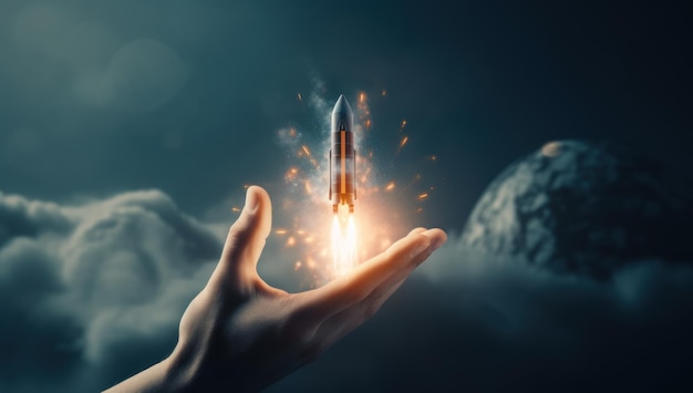 Photo launch startups concept elevate business success with innovative ideas modern technology and strategic entrepreneurship symbolized by male hand and rocket
