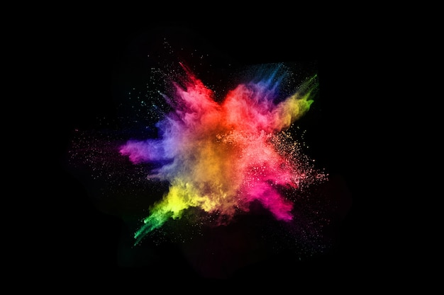 Launched colorful powder, isolated on black background.