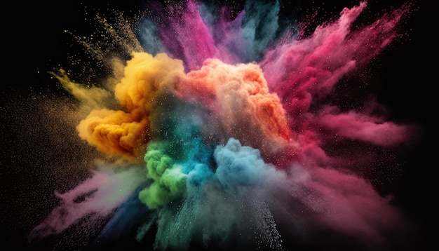 Launched multi-colored powder on a black background with colorful splashes in all directions