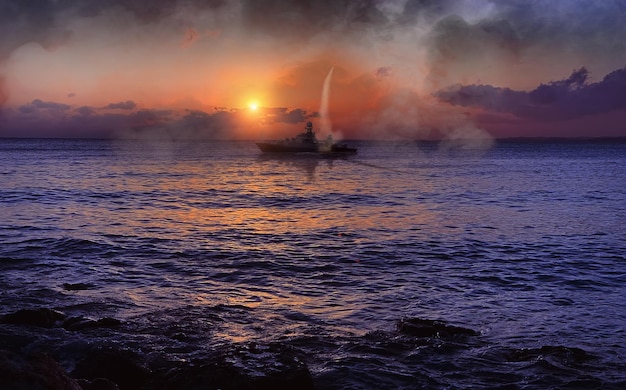 Photo launching a ballistic missile from a ship into the sea