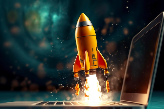 Launching a new product or service Technology development process Space rocket launch 3d render Yellow rocket lift up from the display laptop AI Generative