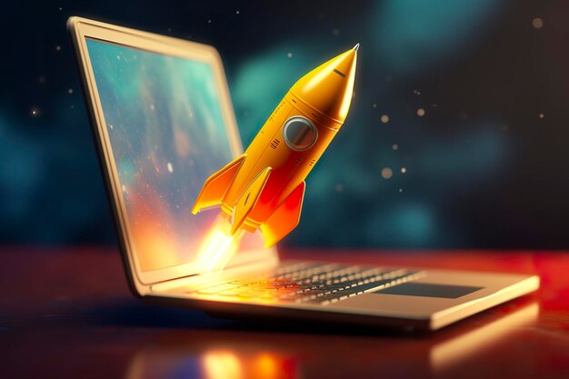 Launching a new product or service Technology development process Space rocket launch 3d render Yellow rocket lift up from the display laptop AI Generative