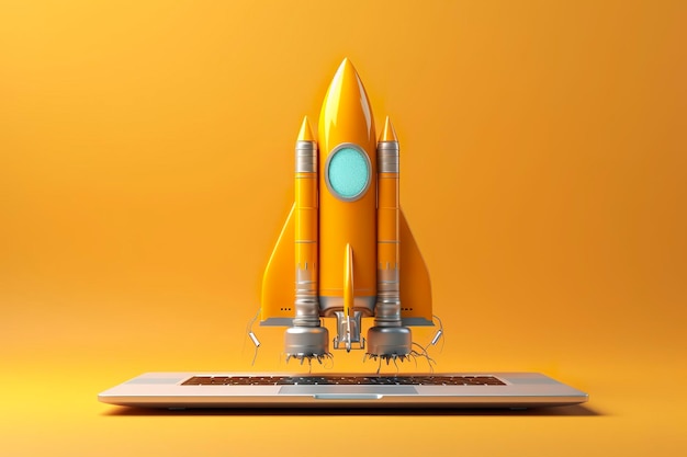Launching a new product or service technology development process space rocket launch 3d render yellow rocket lift up from the display laptop ai generative